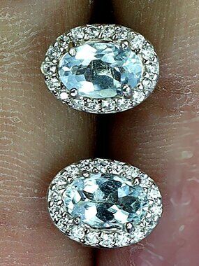 !4K white gold/ 925 aquamarine and CZ halo stud earrings NEW genuine